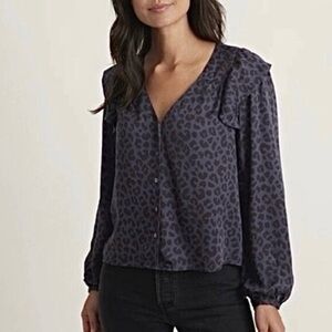 Marine Layer Rory Long Sleeve Ruffle Top Blue Cheetah Women’s Size XS Blouse